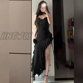 Sexy Black Bodycon Dresses Women Elegant 3D Flower Decorate Ruffles Irregular Dress Female Club Side Split Sling Dress